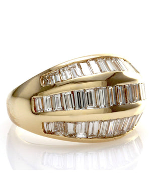 Vintage 3 Row Baguette Cut Diamond Dome Ring in 18K Yellow Gold