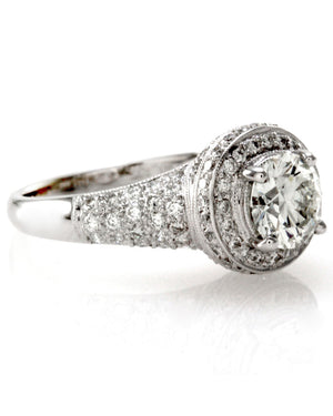 GIA Certified Round Brilliant Cut Diamond Pave Halo Solitaire Ring in 18KW