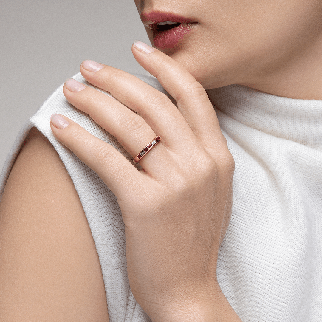Baguette Ruby and Diamond Thread Ring