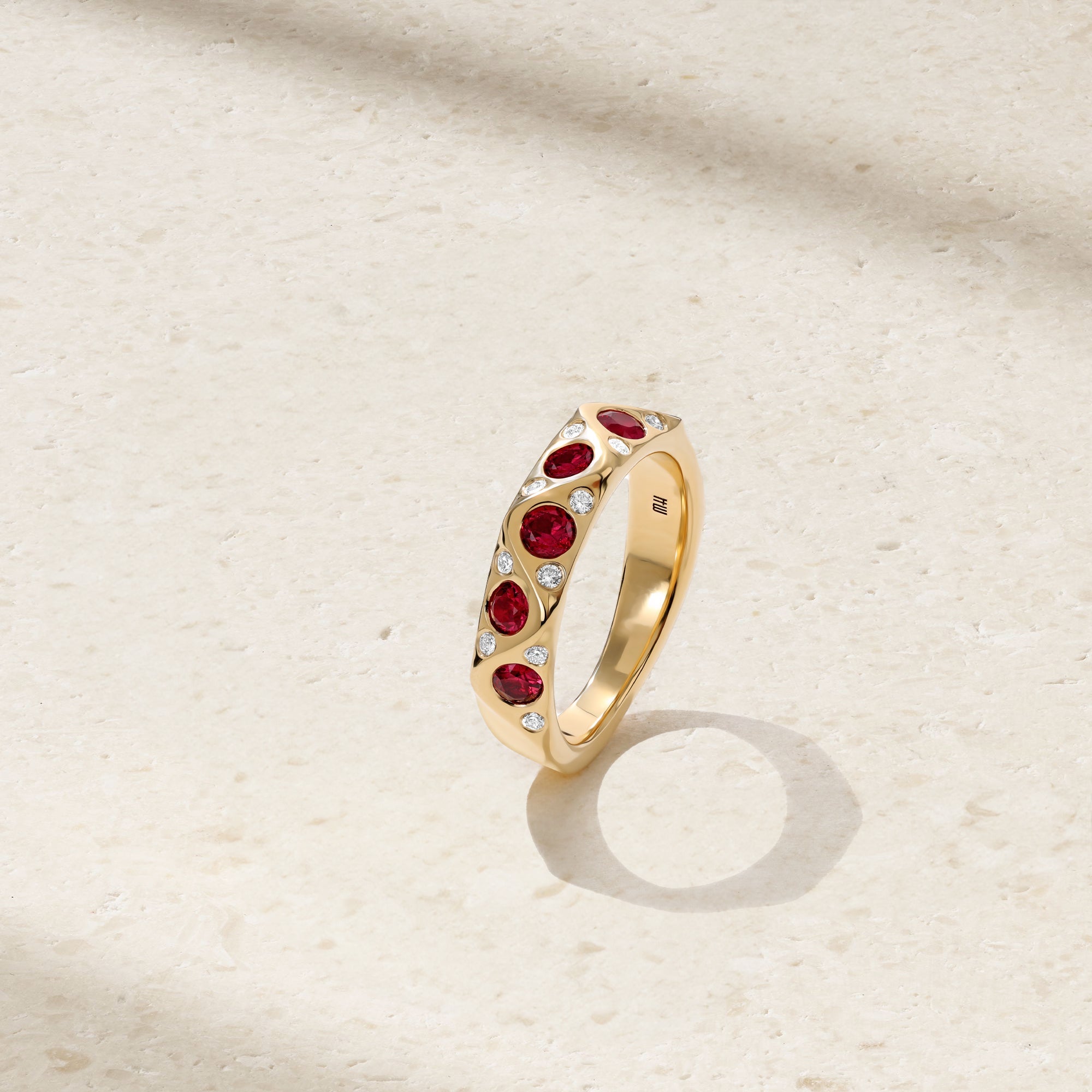 Sculpted Ruby and Diamond Wave Ring