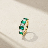 Sculpted Emerald Cut Emerald and Diamond Alternating Band