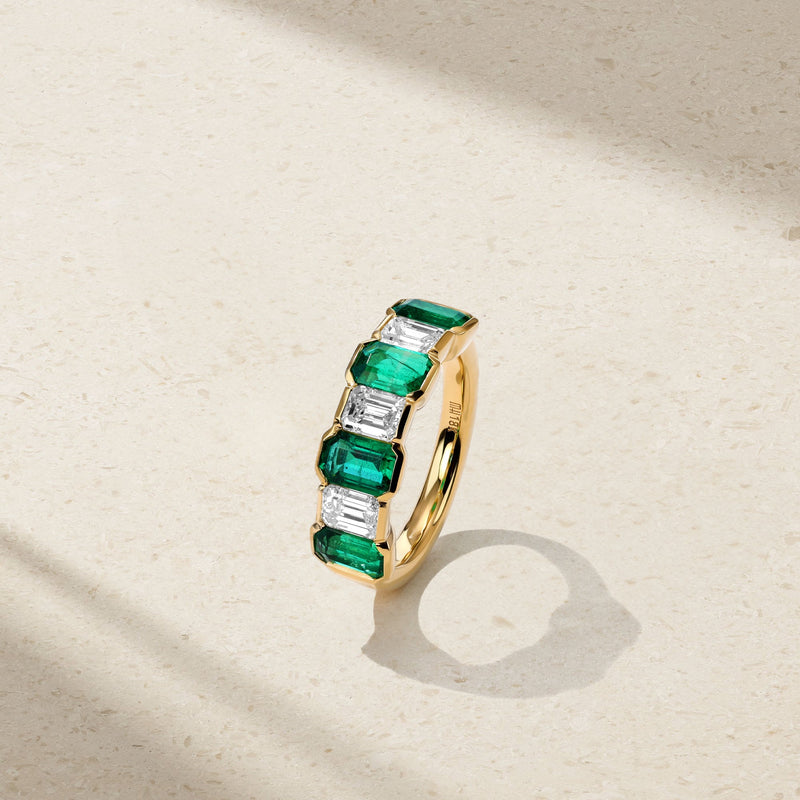 Sculpted Emerald Cut Emerald and Diamond Alternating Band