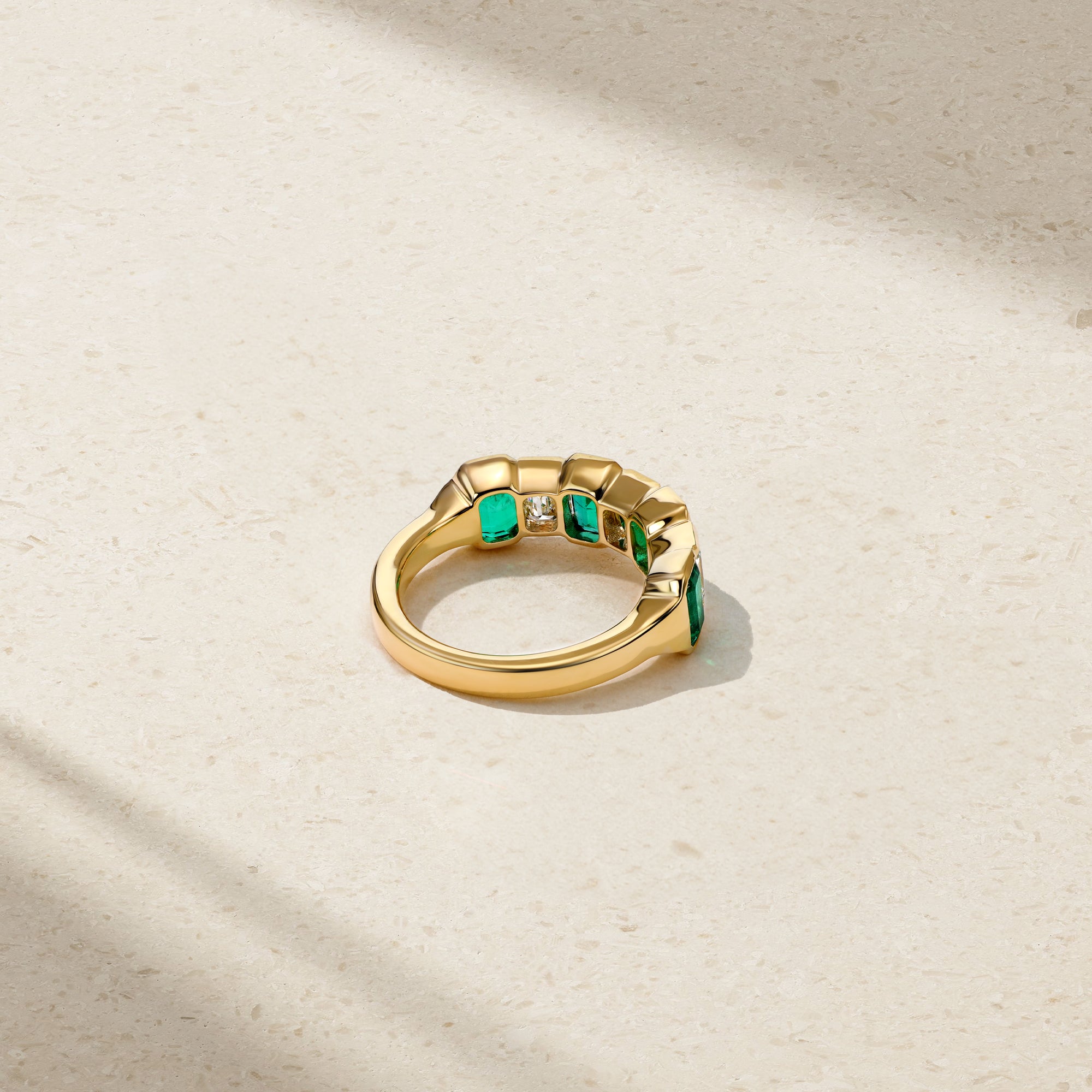 Sculpted Emerald Cut Emerald and Diamond Alternating Band