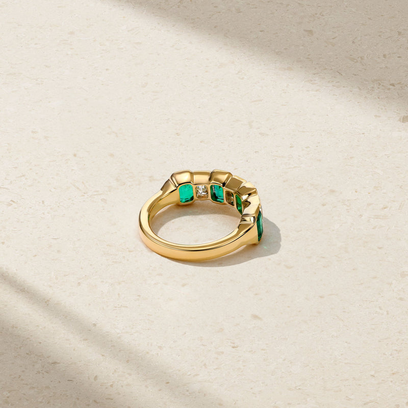 Sculpted Emerald Cut Emerald and Diamond Alternating Band