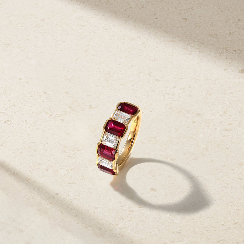Sculpted Emerald Cut Ruby and Diamond Alternating Band