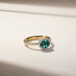 East-West Alexandrite and Diamond Halo Ring