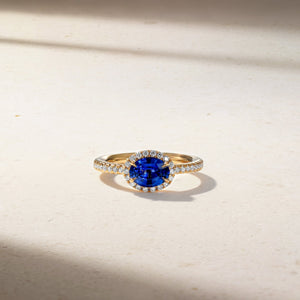 East-West Sapphire and Diamond Halo Ring