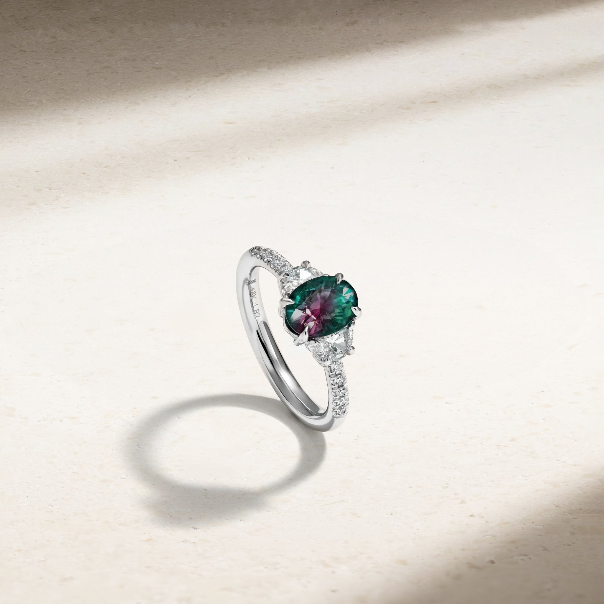 Nouveau Three Stone Oval Alexandrite and Diamond Ring