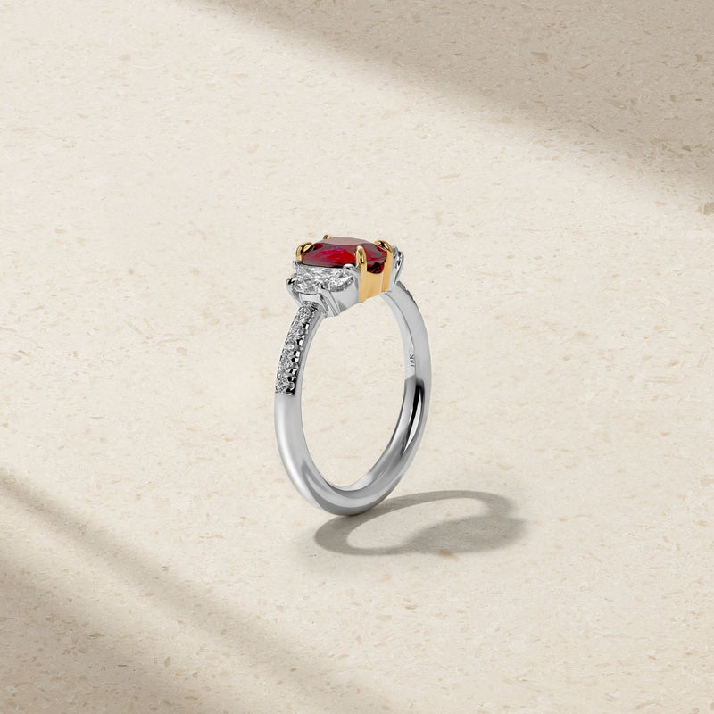 Nouveau Two Tone Three Stone Oval Ruby and Diamond Ring