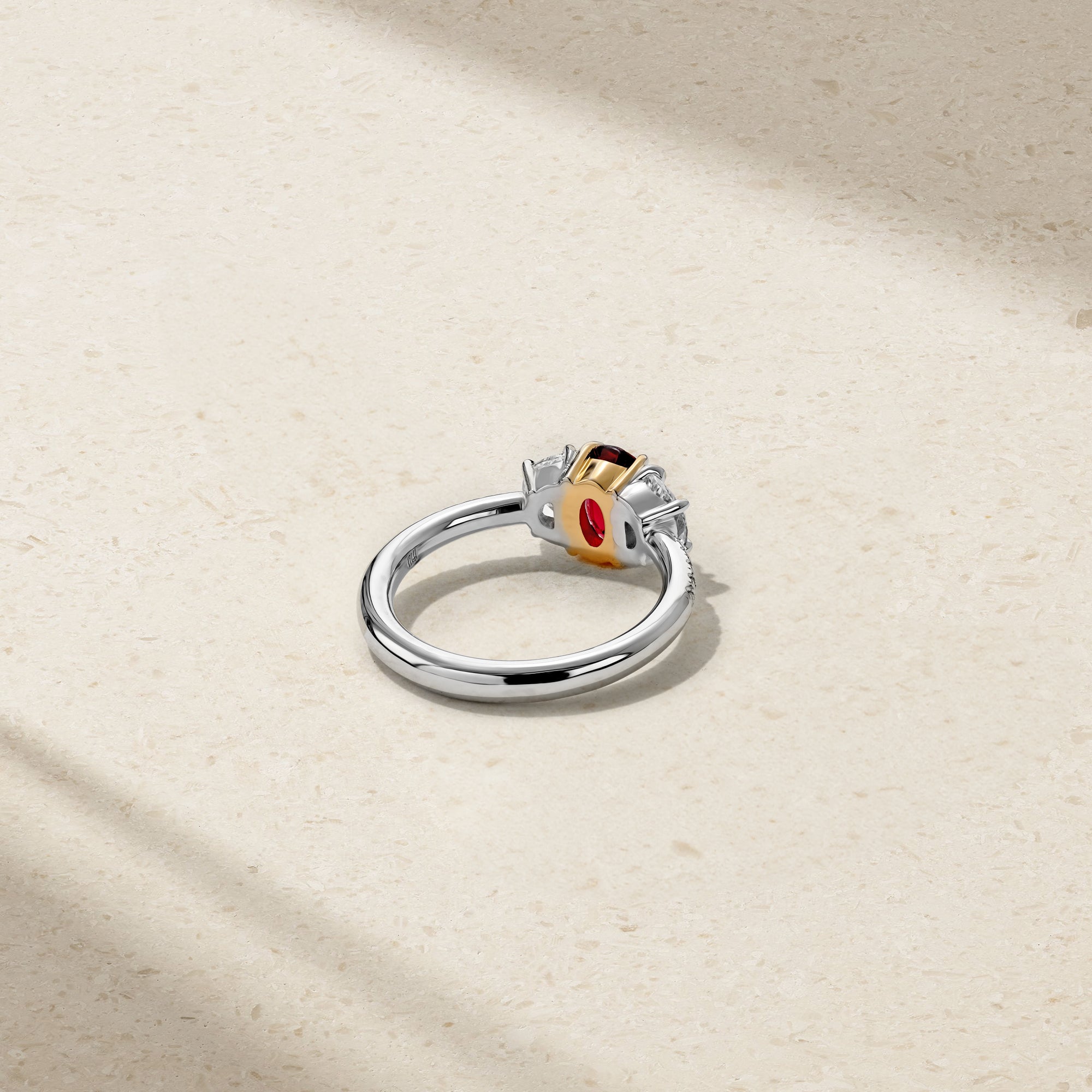 Nouveau Two Tone Three Stone Oval Ruby and Diamond Ring