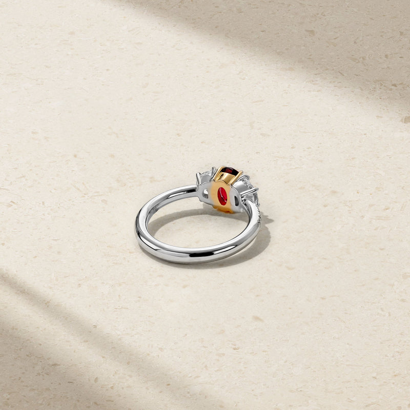 Nouveau Two Tone Three Stone Oval Ruby and Diamond Ring
