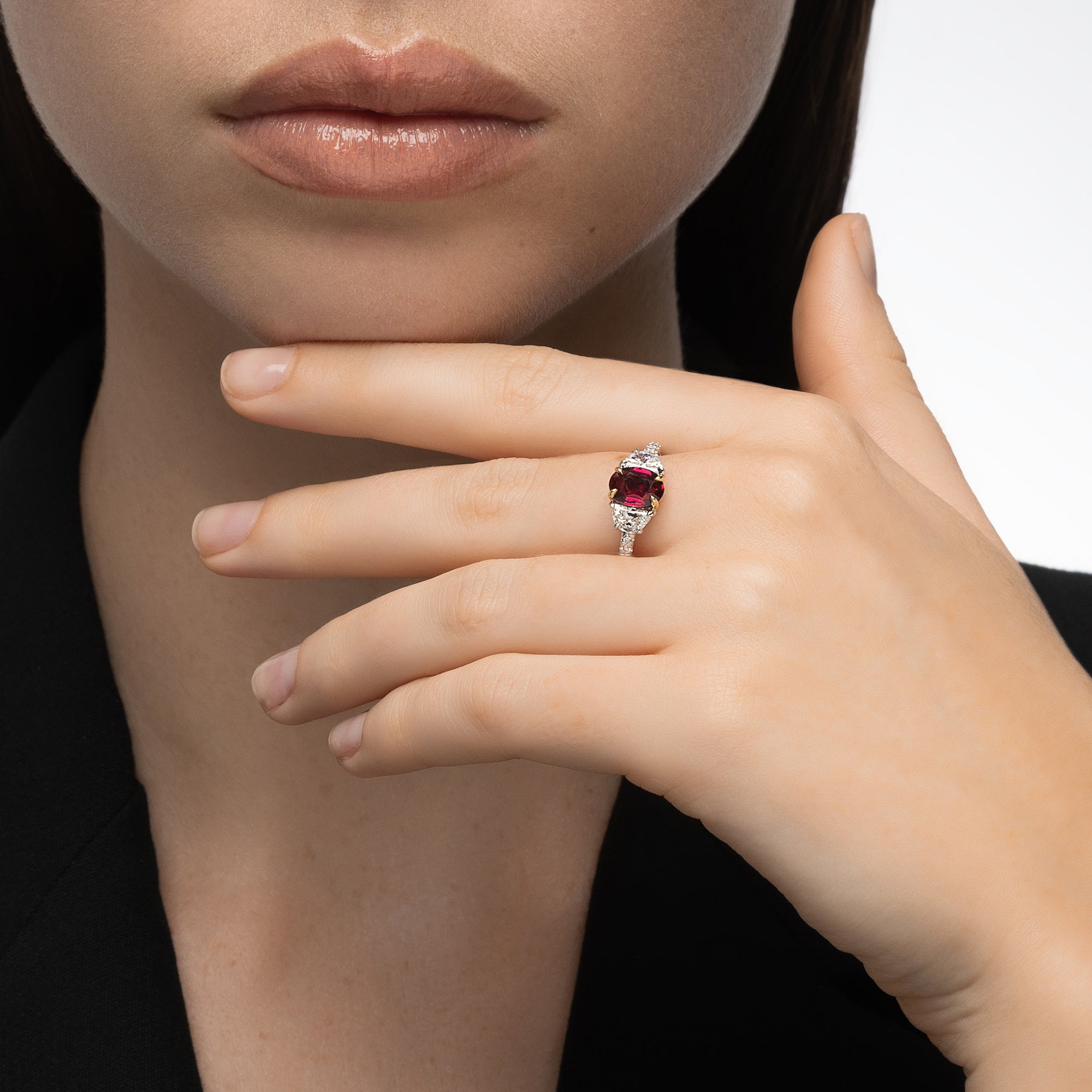 Nouveau Two Tone Three Stone Oval Ruby and Diamond Ring