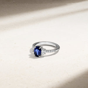 Nouveau Three Stone Oval Sapphire and Diamond Ring