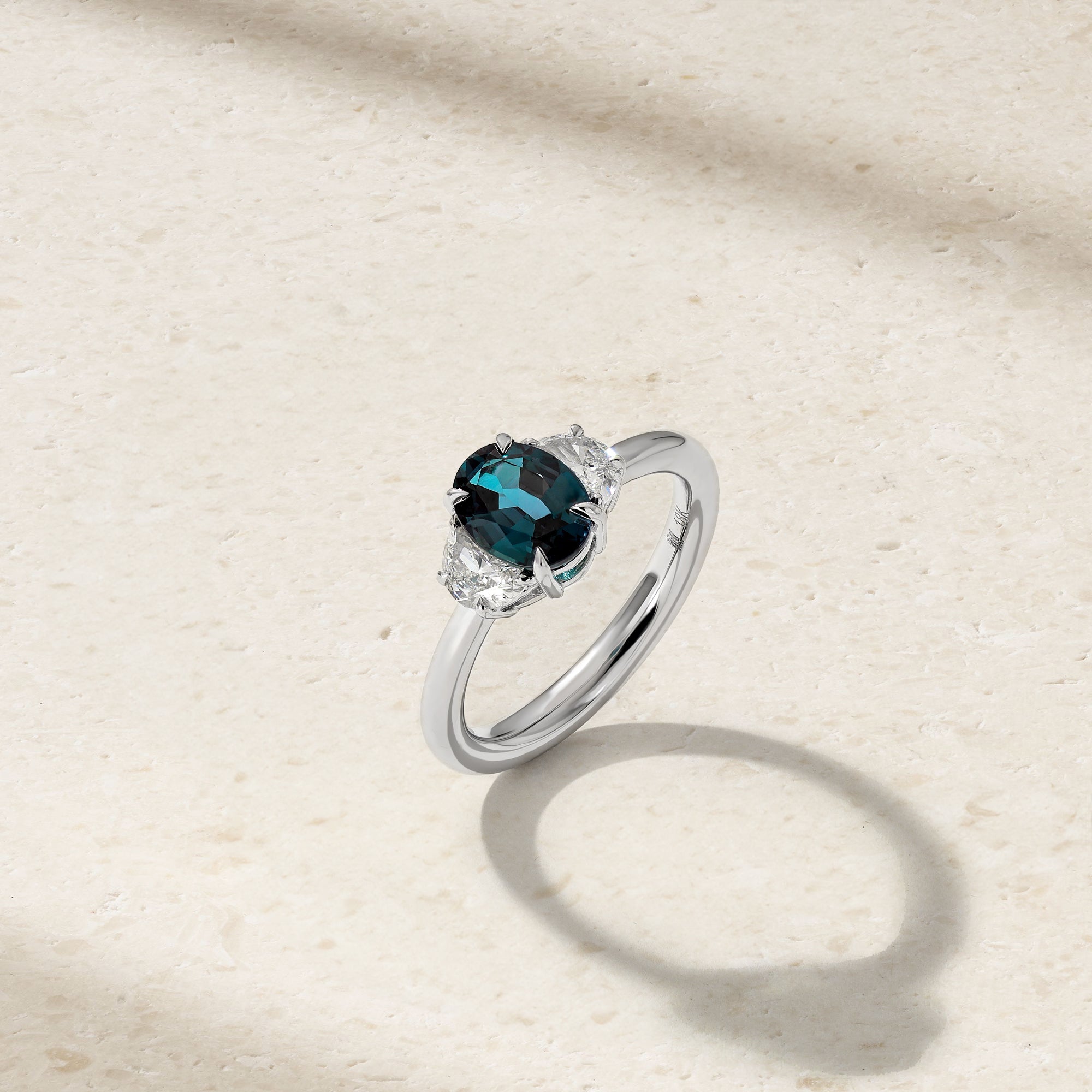 Three Stone Oval Alexandrite and Half Moon Diamond Ring