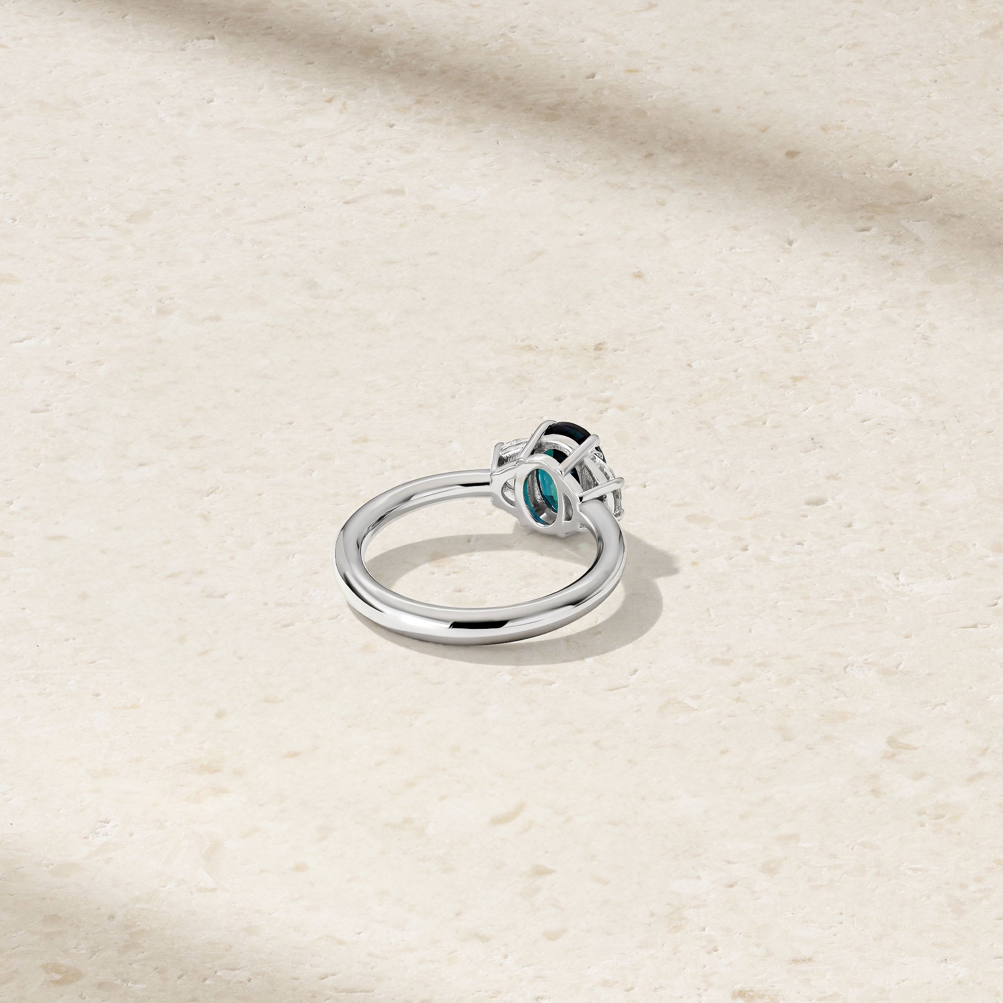 Three Stone Oval Alexandrite and Half Moon Diamond Ring