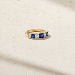 Graduating Asscher Cut Sapphire and Diamond Ring