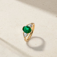 Silky Three Stone Colombian Emerald and Diamond Ring