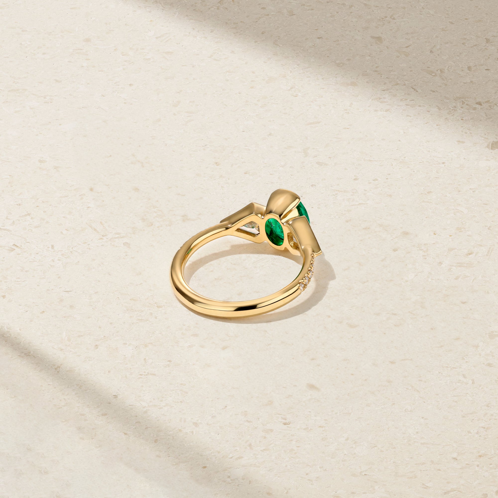 Silky Three Stone Colombian Emerald and Diamond Ring
