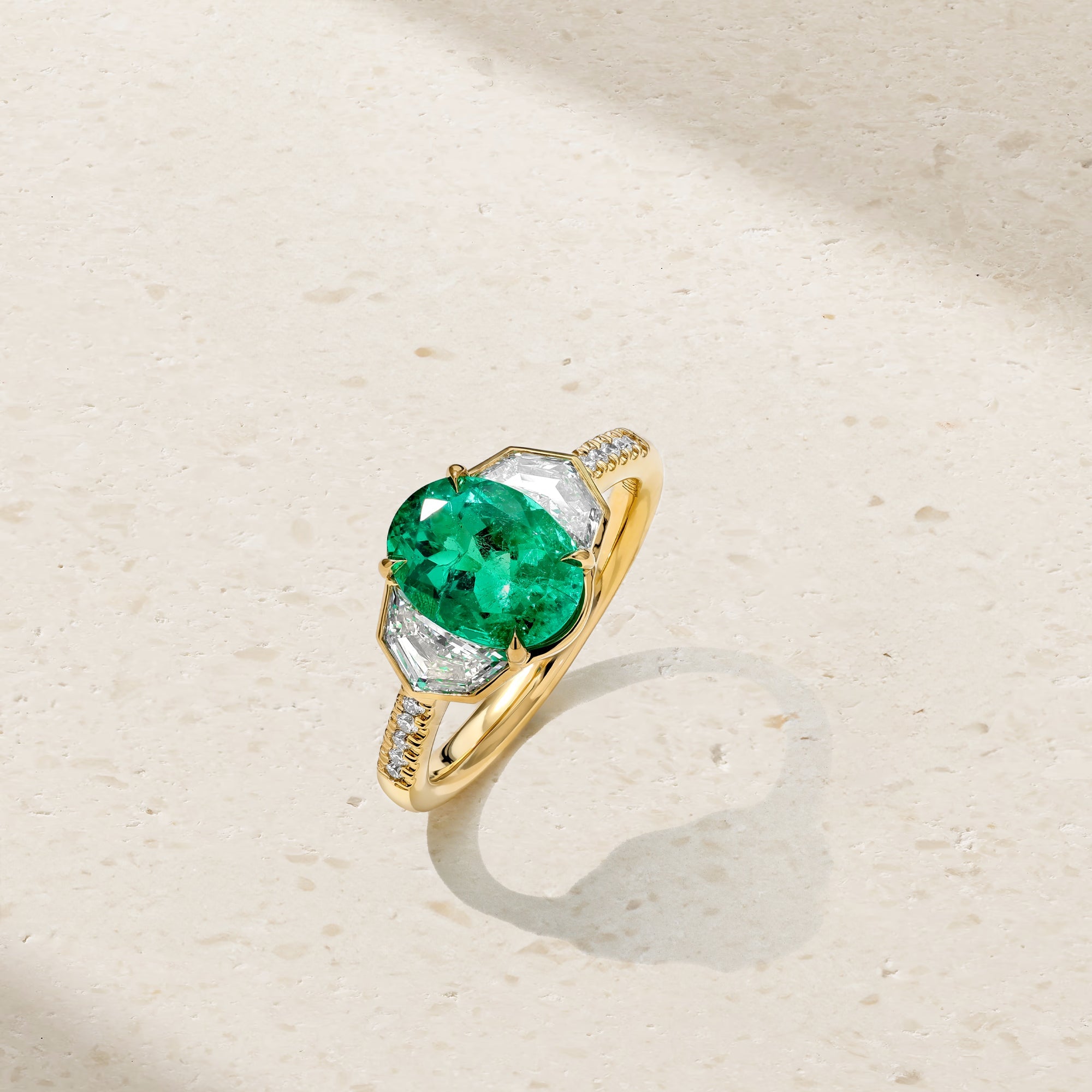Silky Three Stone Emerald and Diamond Ring