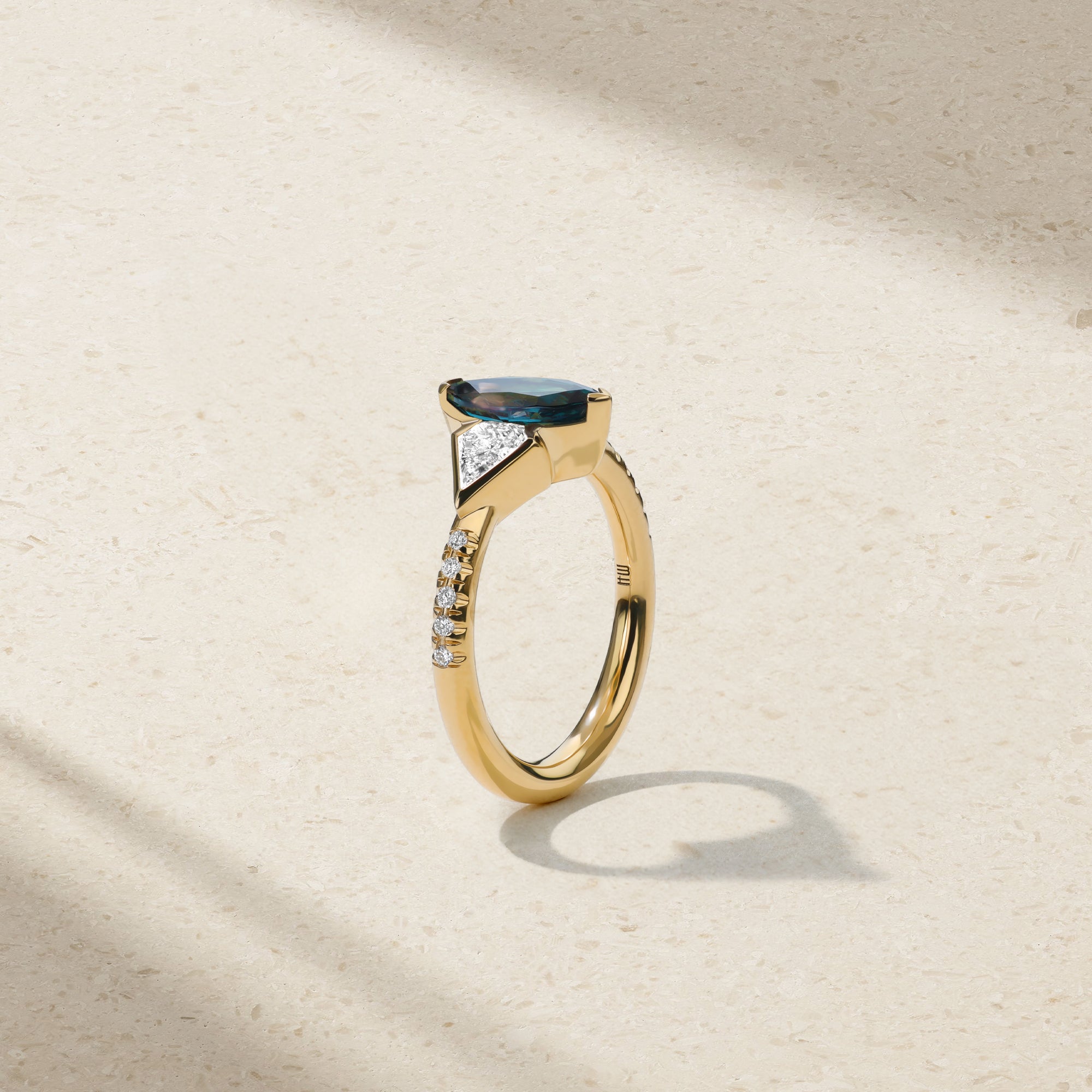 Nouveau Three Stone Alexandrite and Shield Diamond Ring