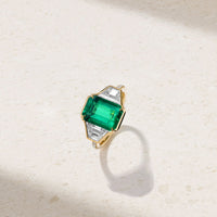 Silky Grand Three Stone Emerald and Diamond Ring