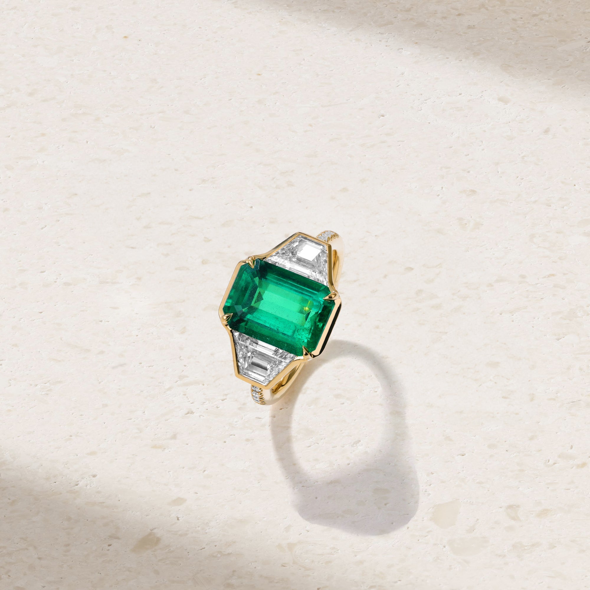 Silky Grand Three Stone Emerald and Diamond Ring