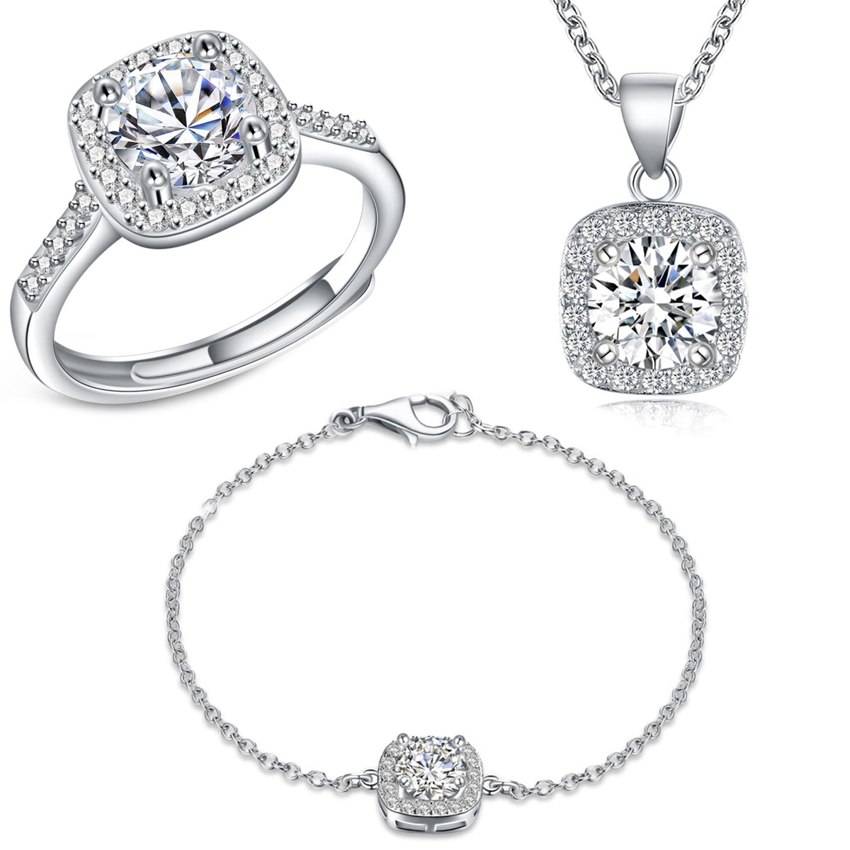 Sterling Silver Asscher Cut Set White Crystal Jewelry Set