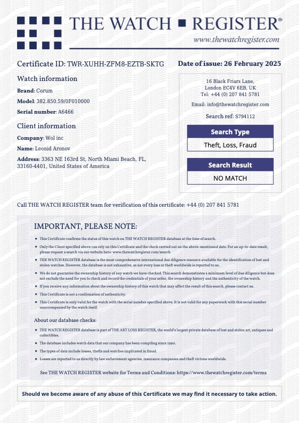 Corum Panoramique Tourbillon 18K White Gold Men's Watch