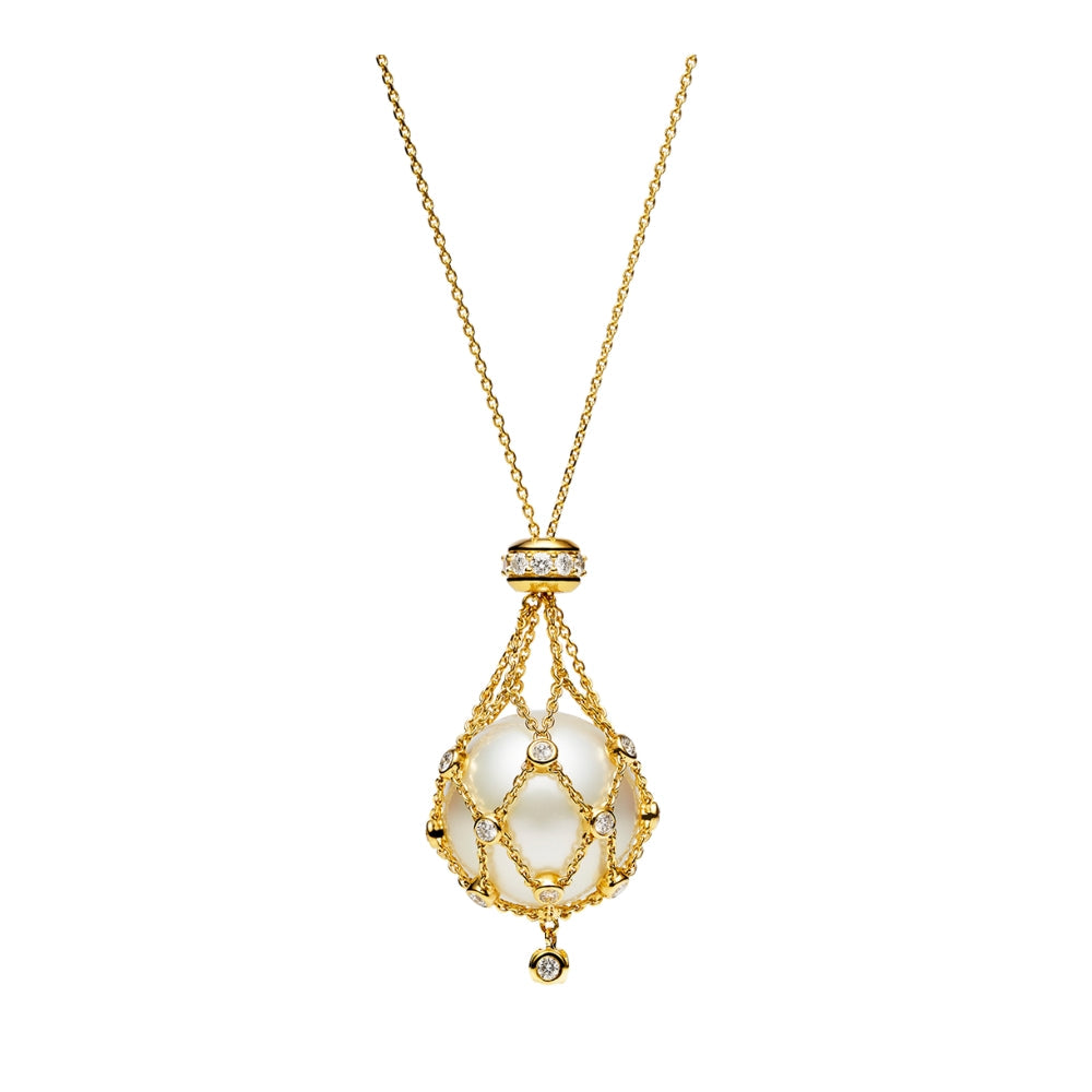 18KYG 30" 15MM BUTTN PRL, 1.10CT DIA LAVALIER PND