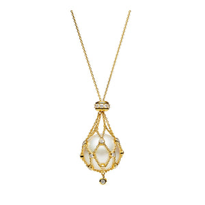 18KYG 30" 15MM BUTTN PRL, 1.10CT DIA LAVALIER PND
