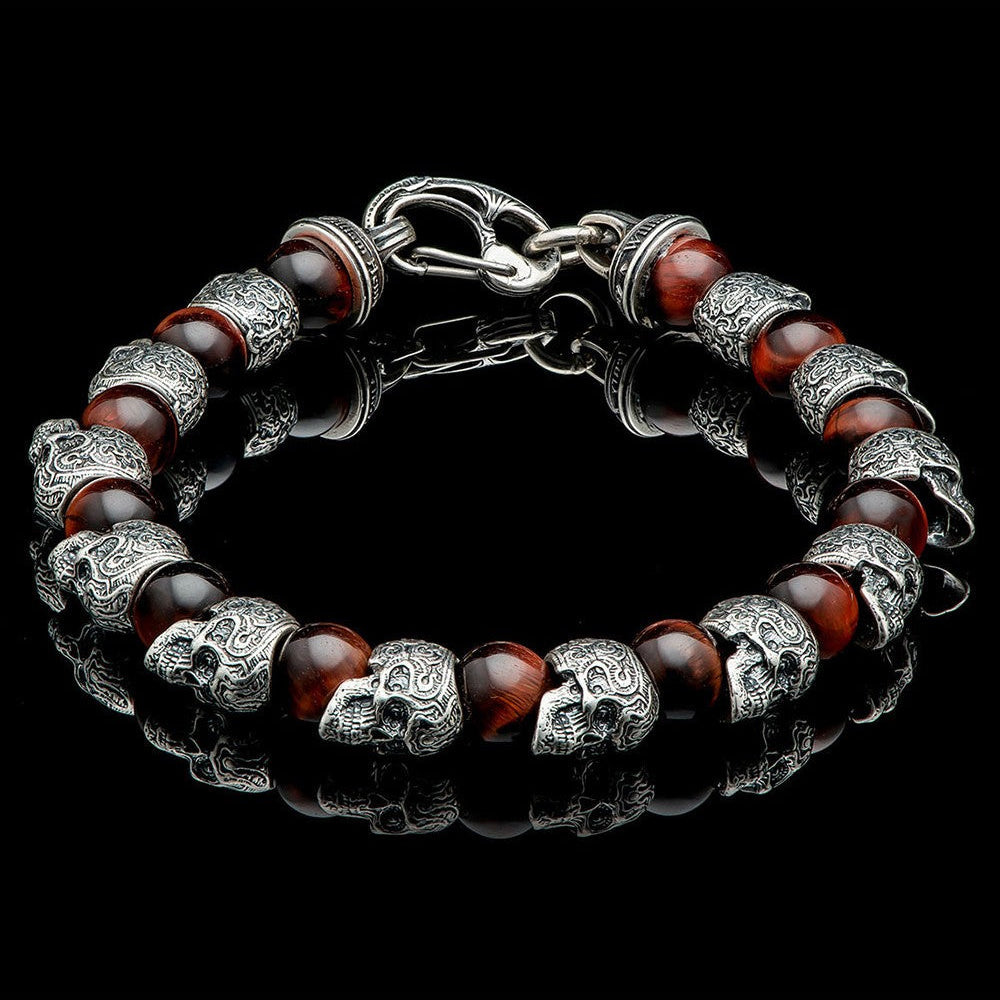 William Henry Motivation Silver Red Tigers Eye Sugar Skull Bead Bracelet BB4 RTE