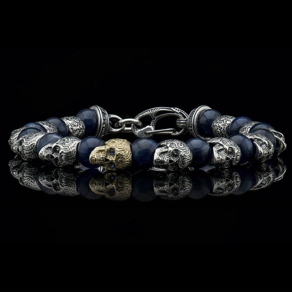 William Henry Caprice Sterling Silver 18K Sodalite Skull Beaded Bracelet