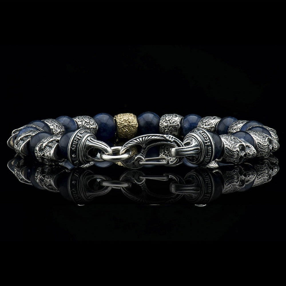 William Henry Caprice Sterling Silver 18K Sodalite Skull Beaded Bracelet