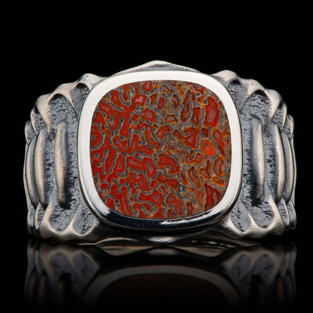 William Henry Echelon Sterling Silver Dinosaur Bone Inlay Ring