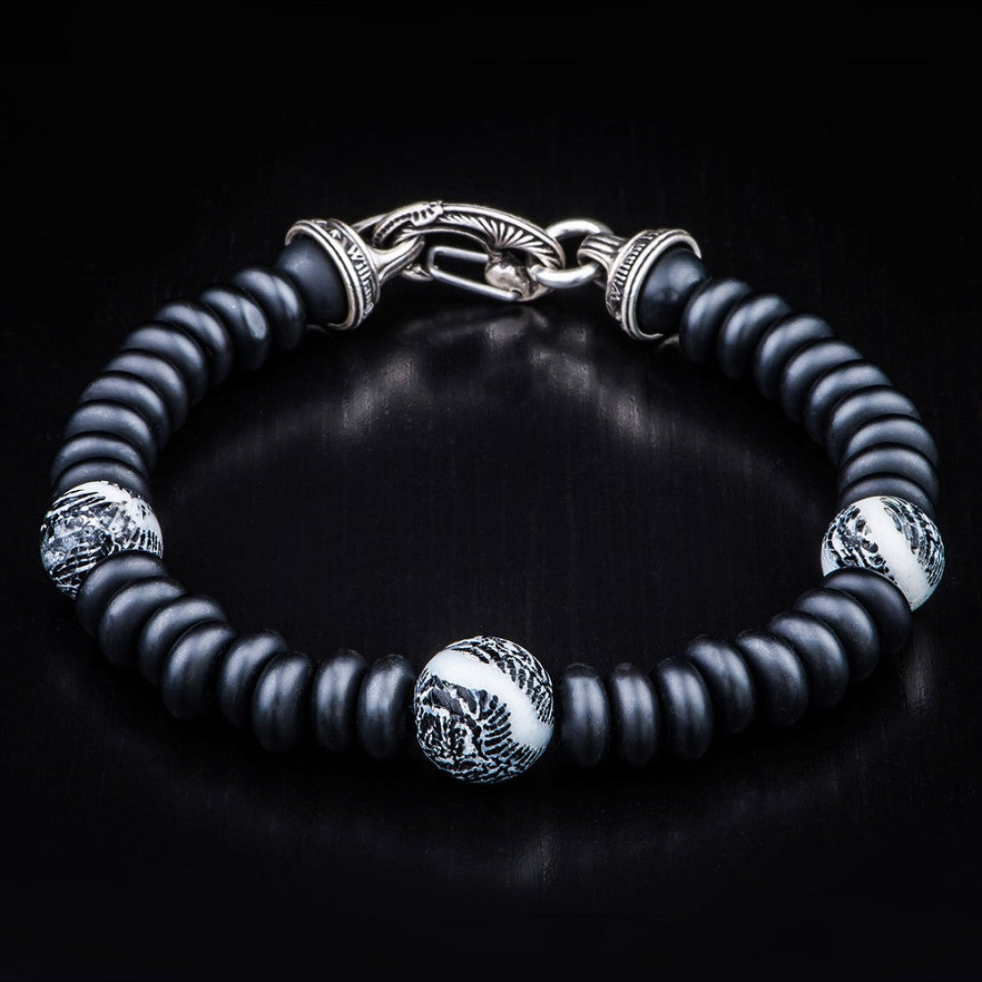 William Henry Night Dive Sterling Silver Onyx & Fossil Coral Bracelet BB14 FC