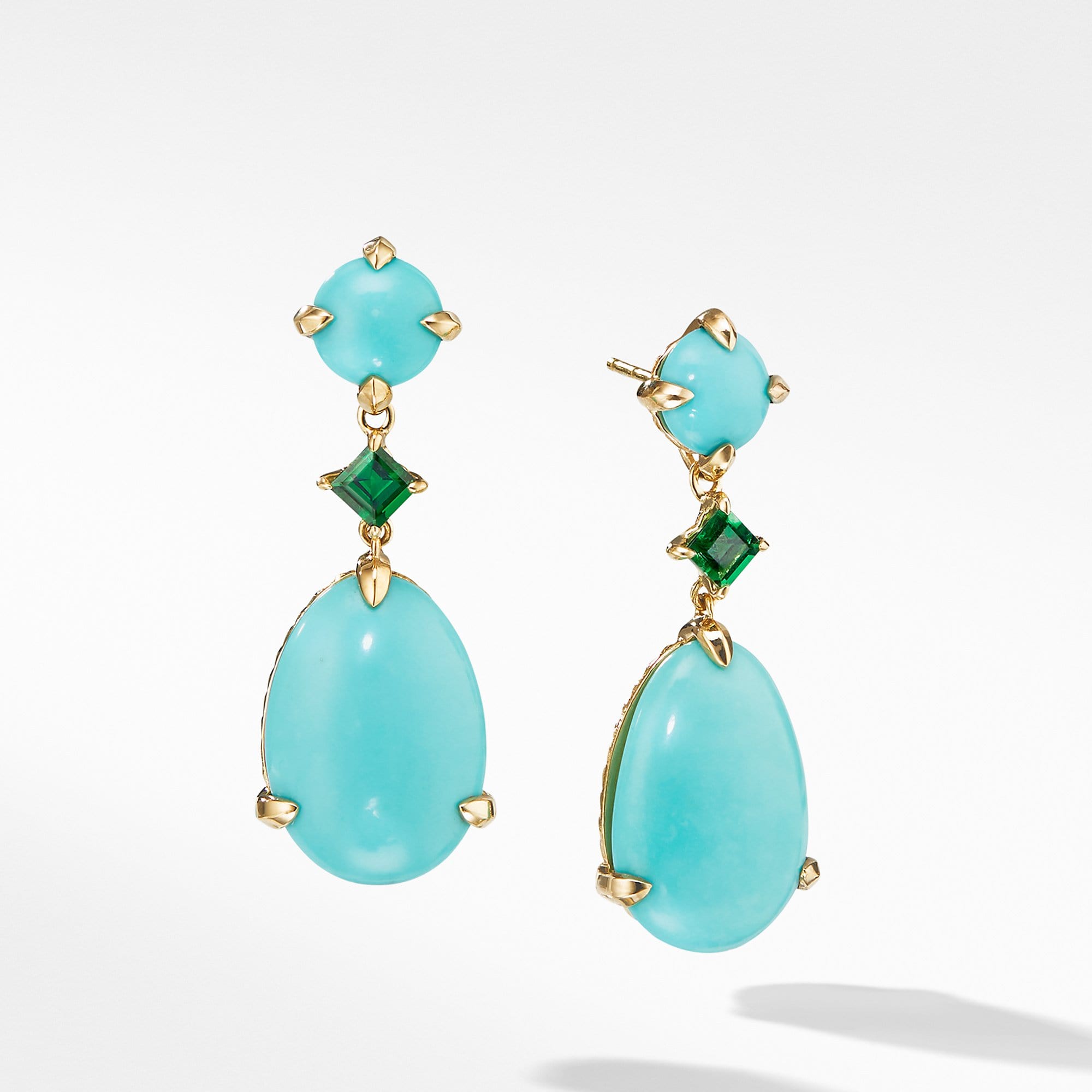 Chatelaine Drop Earrings in 18K Yellow Gold with Mexican Turquoise and Tsavorite