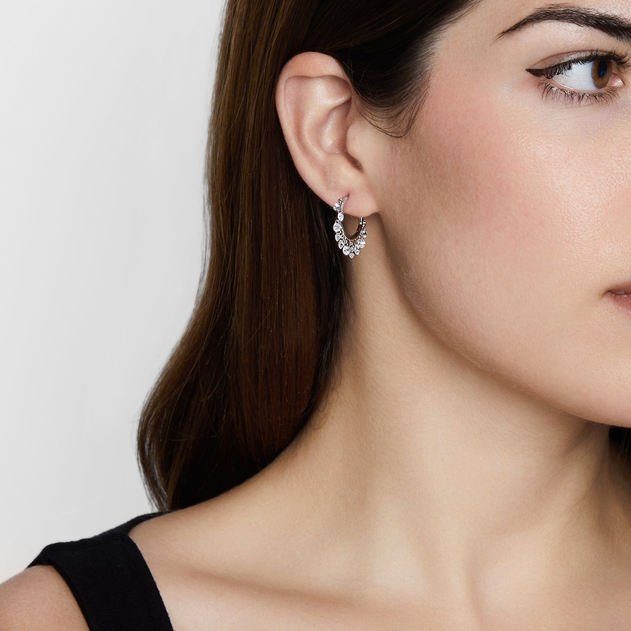 Dangling Rose-Cut Diamond White Gold Hoops