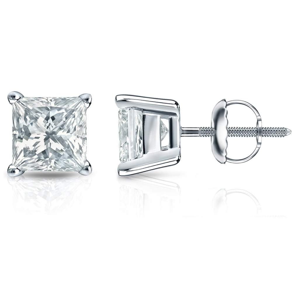 0.66ct. Diamond Stud Earrings Set In 14K White Gold, Princess Cut