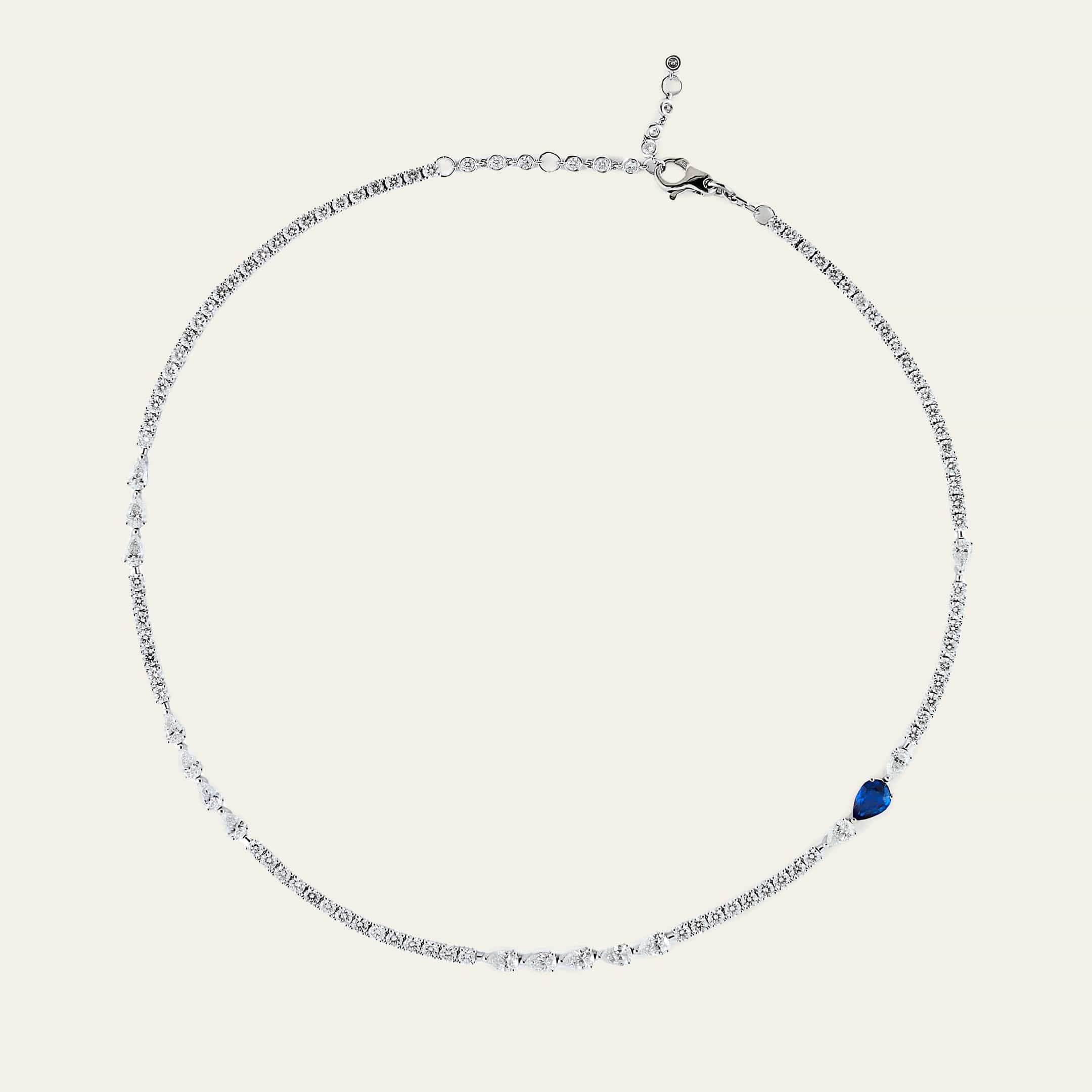 Diamond Tennis Necklace with Blue Sapphire Accent