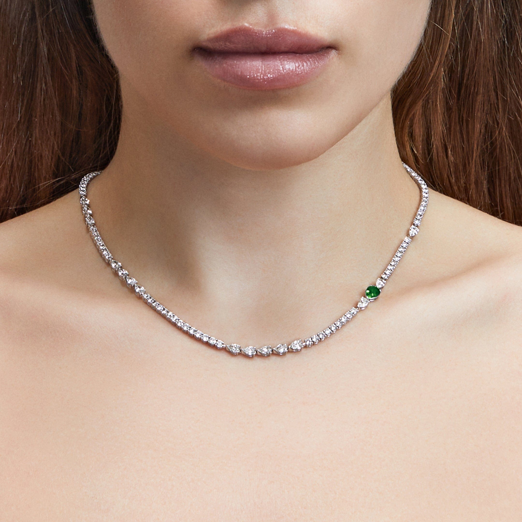 Diamond Tennis Necklace with Emerald Accent