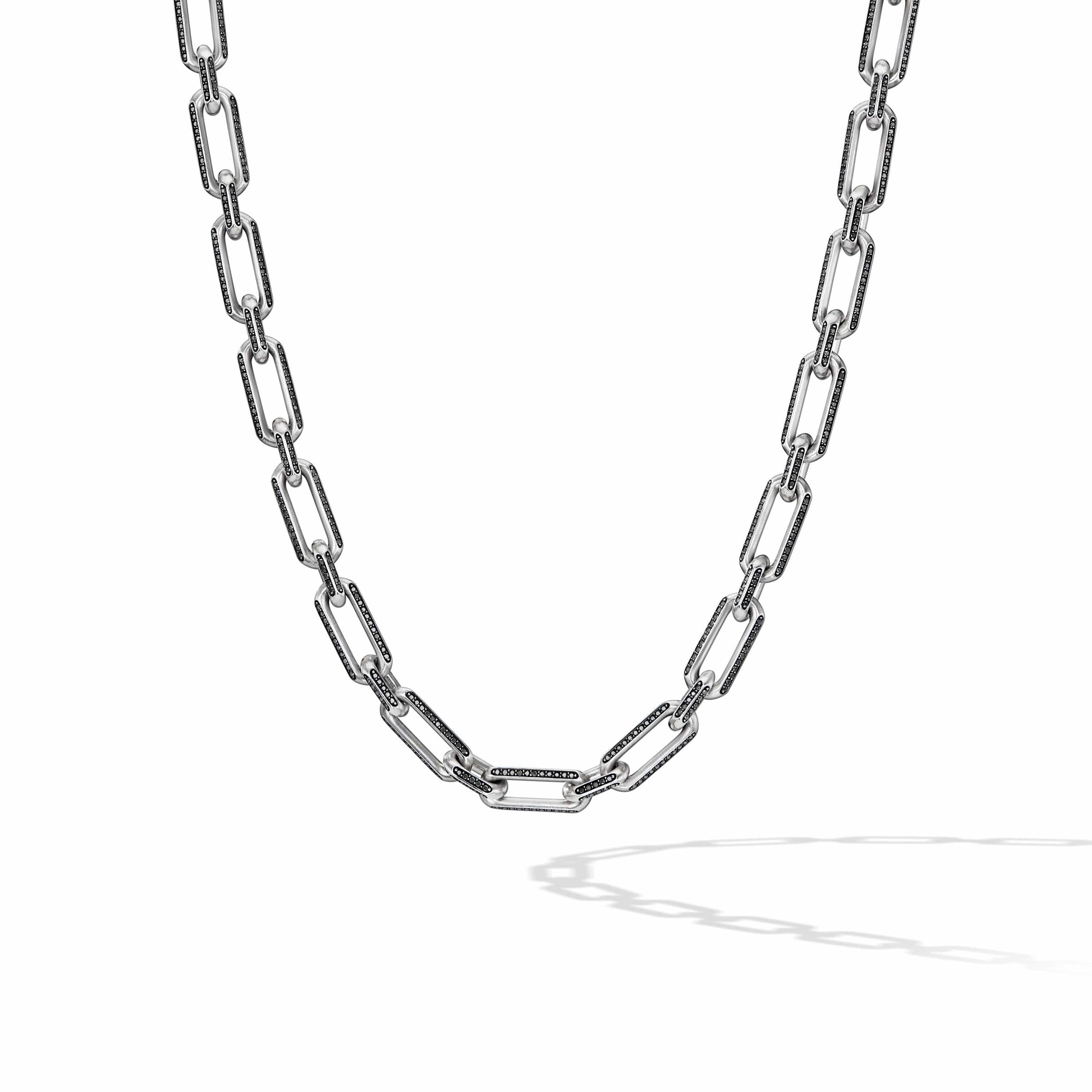 Elongated Open Chain Link Necklace in Sterling Silver with Pave Black Diamonds
