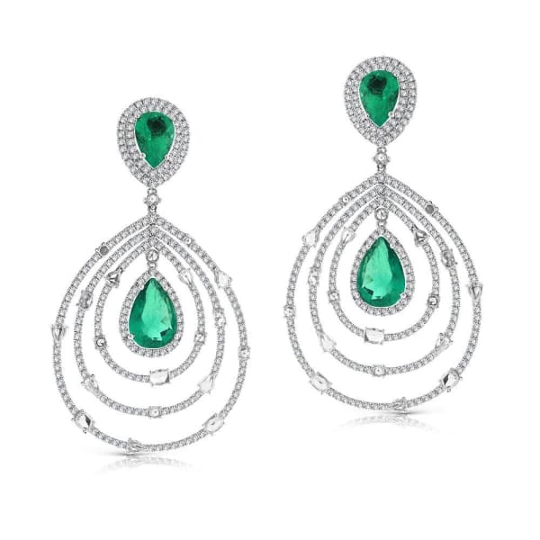 11.25ct. Emerald & 2.55ct. Diamond Chandelier Earrings Set In 18K White Gold