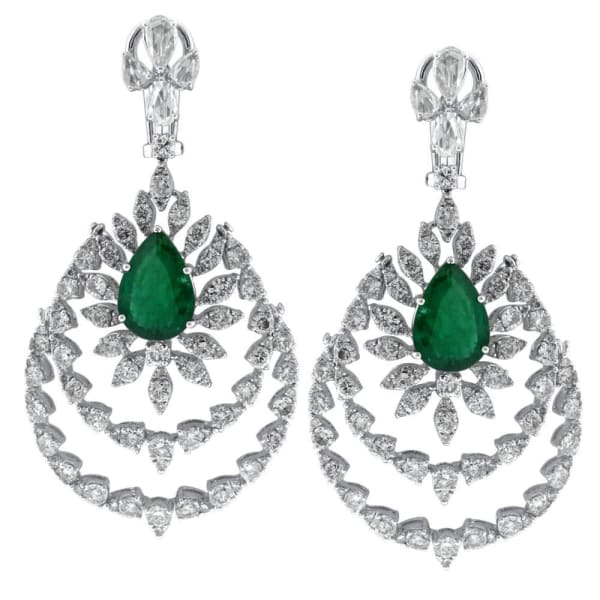 13.04ct. White Diamond & 6.14ct. Emeralds Earrings Set In 18K White Gold