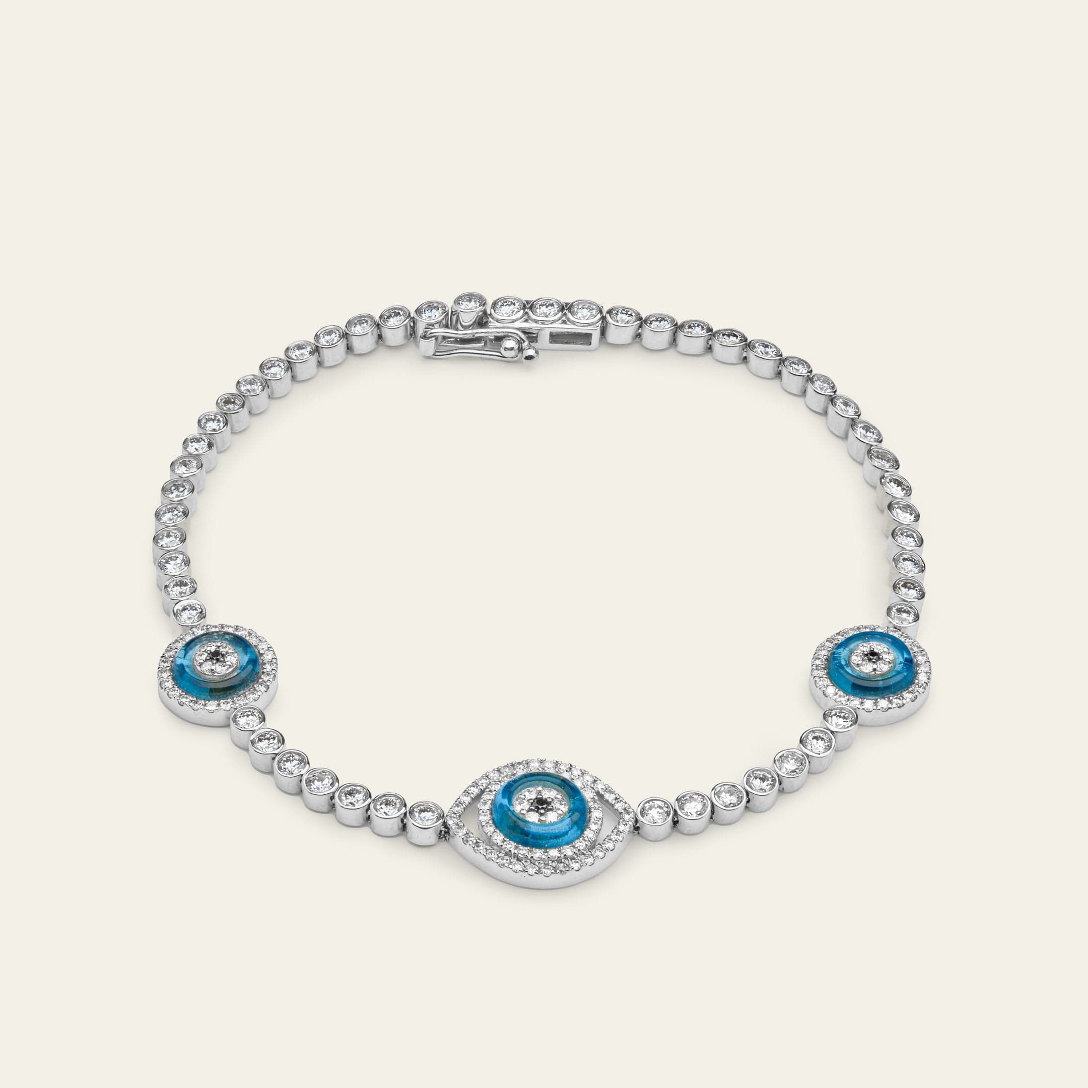 Evil Eye Blue Quartz and Diamond Halo White Gold Bracelet