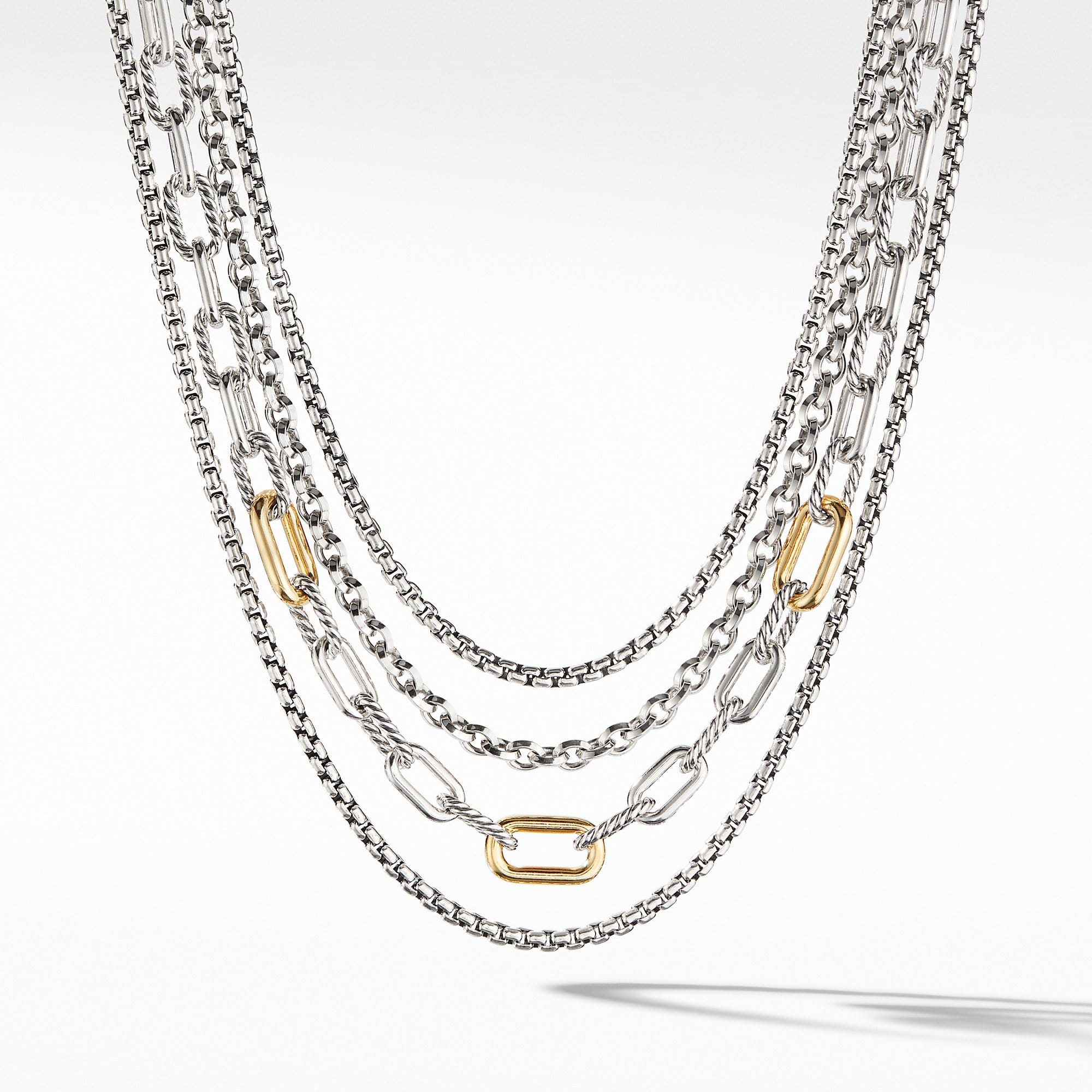 Four Row Mixed Chain Bib Necklace with 18K Yellow Gold