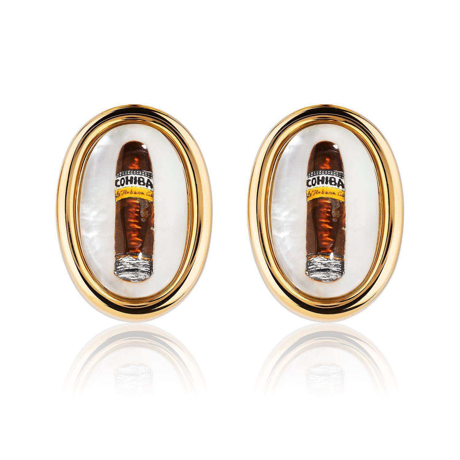 Gold Cufflinks - 18k Yellow Gold - Hand Painted Cigar Cufflinks