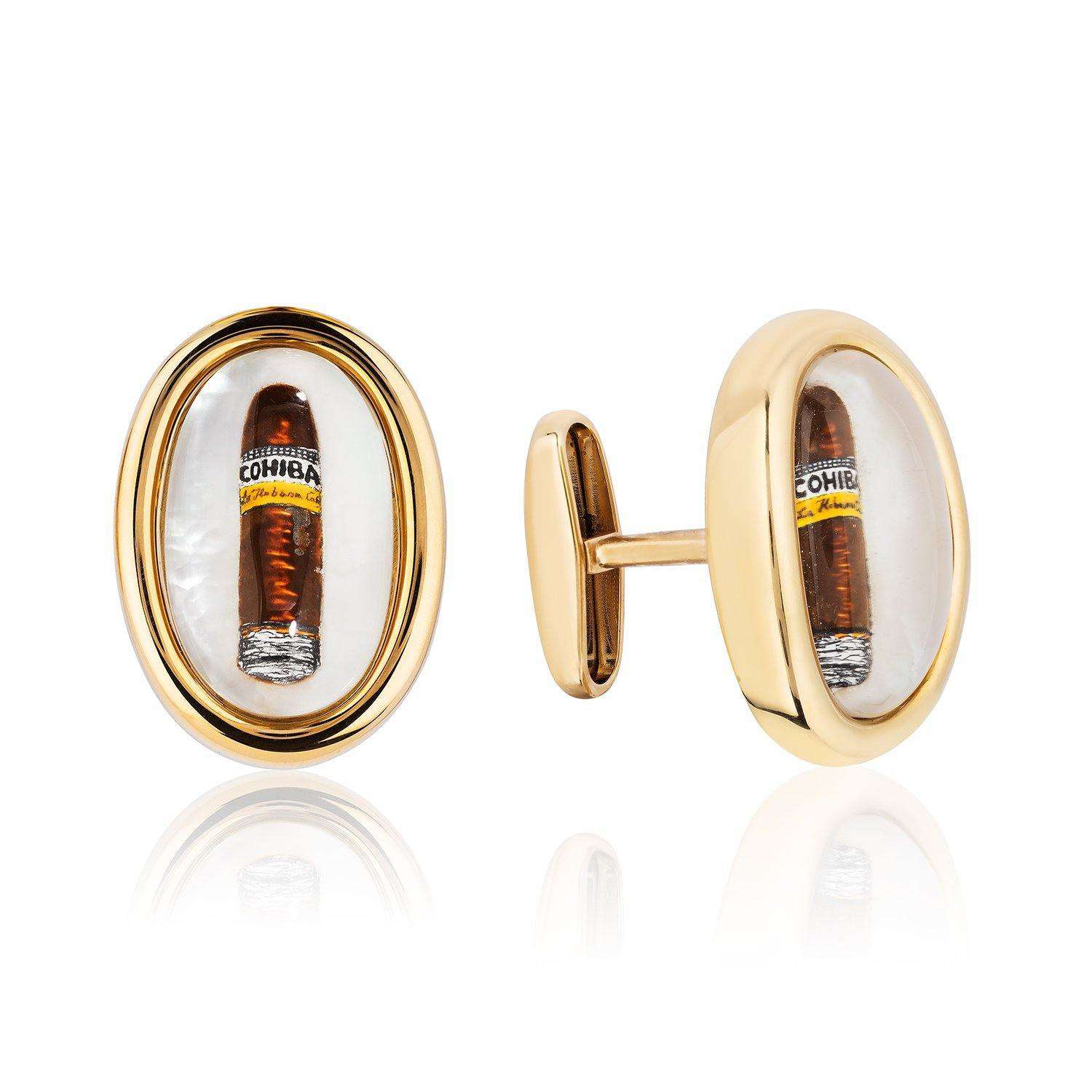Gold Cufflinks - 18k Yellow Gold - Hand Painted Cigar Cufflinks