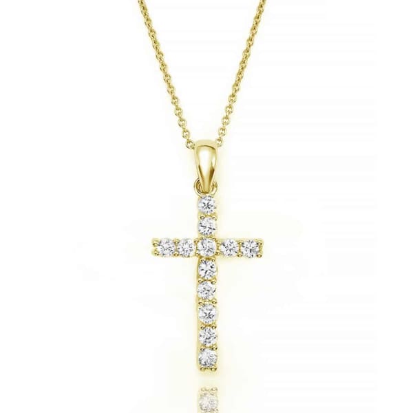 0.25ct. Cross Shaped Natural Diamond Pendant Set In 14K Yellow Gold, Round Brilliant Cut