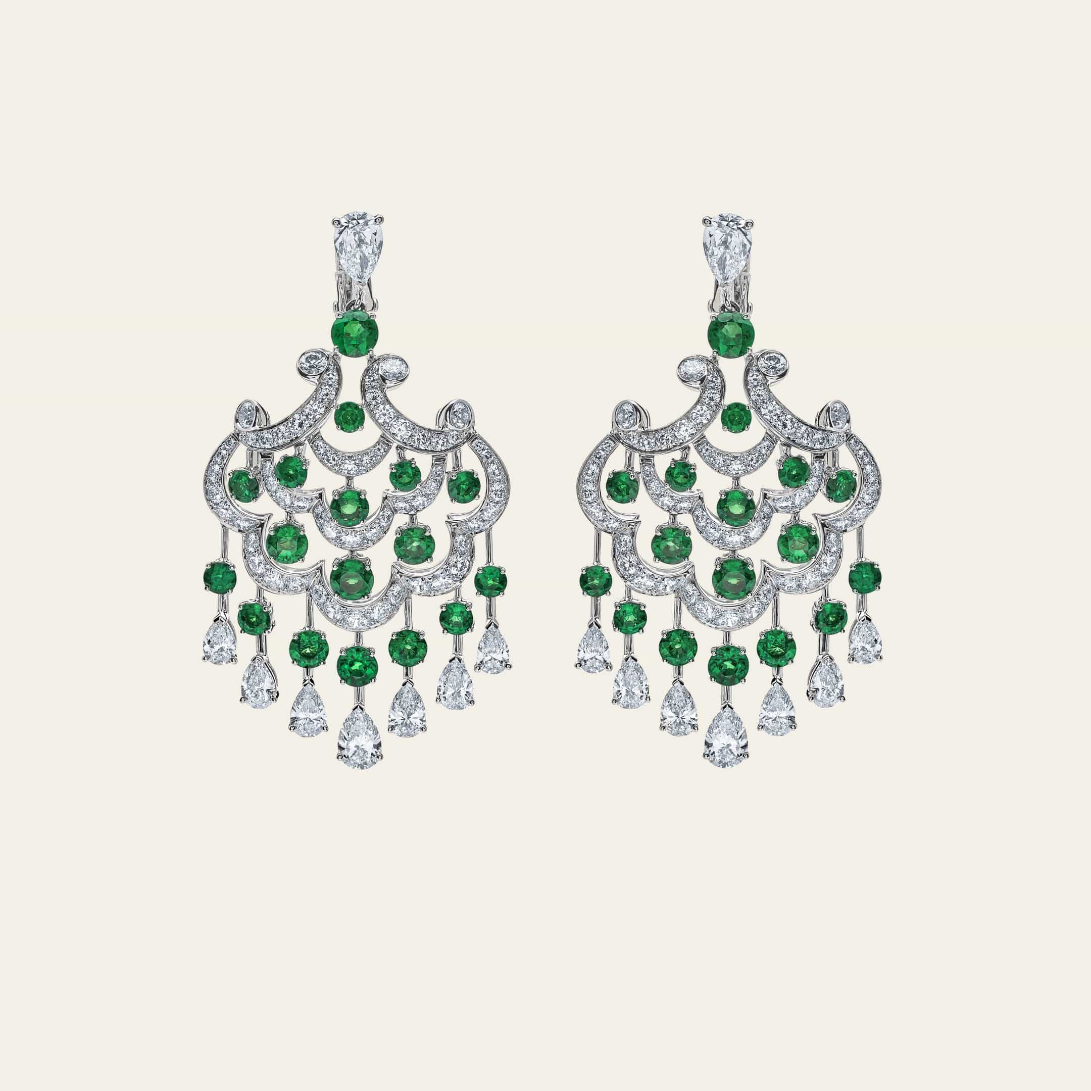 Graff White Gold Diamond and Emerald Chandelier Earrings