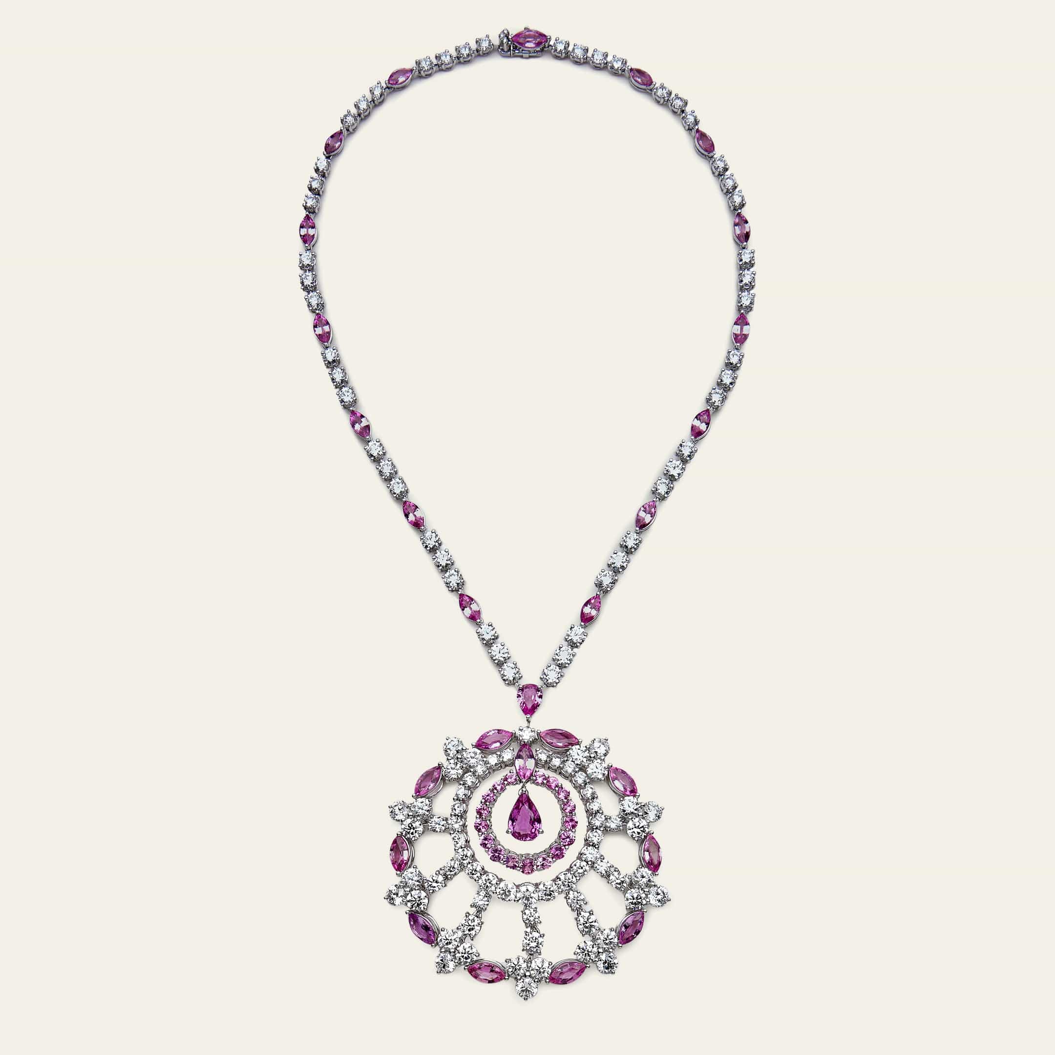 Graff White Gold Diamond and Pink Sapphire Large Snowflake Necklace
